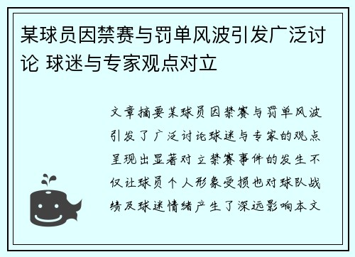 某球员因禁赛与罚单风波引发广泛讨论 球迷与专家观点对立