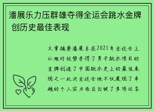 潘展乐力压群雄夺得全运会跳水金牌 创历史最佳表现