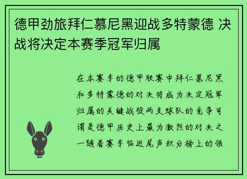 德甲劲旅拜仁慕尼黑迎战多特蒙德 决战将决定本赛季冠军归属